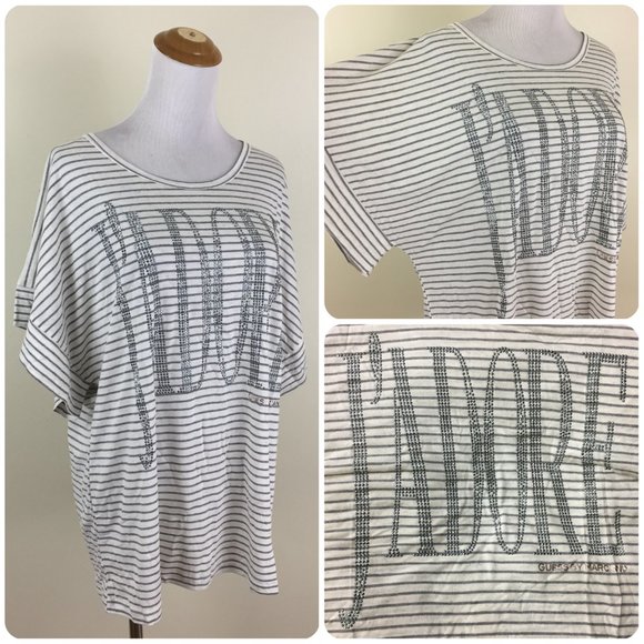 NWT GUESS by MARCIANO Short Sleeve Striped Silver Rhinestone J'ADORE Shirt Top - Picture 1 of 11